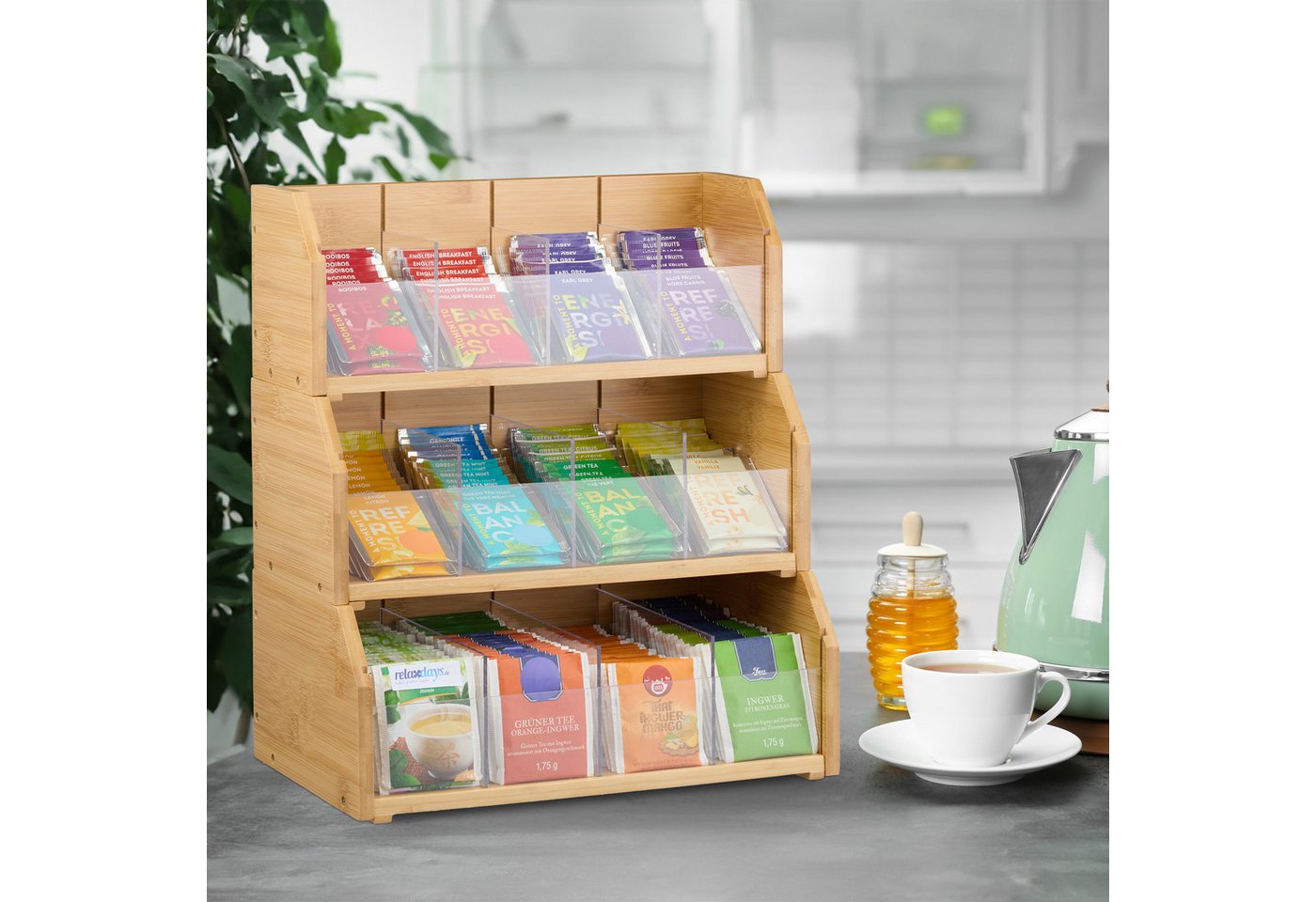 relaxdays Teebox Tee Organizer 12 Fächer Bambus, Bambus, (12-tlg) – Bild 3 von 5