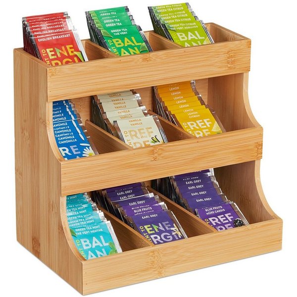 relaxdays Teebox Tee Organizer aus Bambus 9 Fächer, Bambus, (1-tlg)