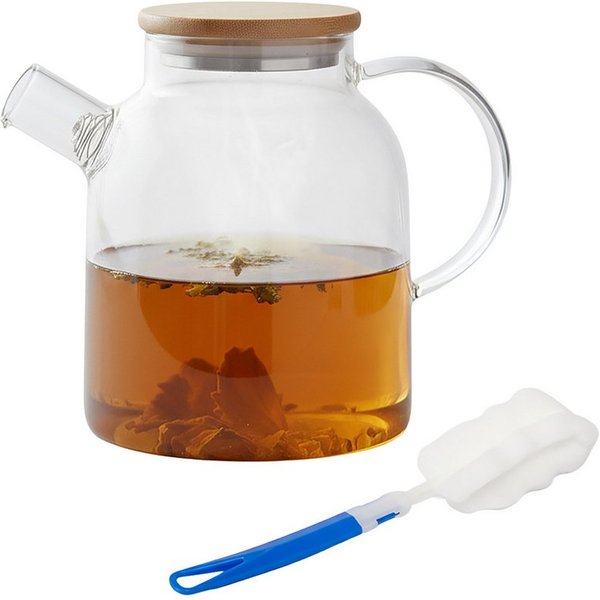 relaxdays Teekanne Glas mit Bambusdeckel, 1.8 l, (3-St), 1,8 Liter