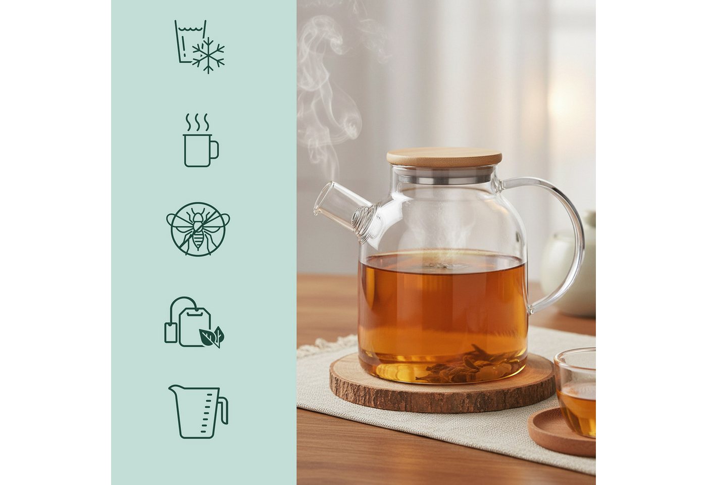 relaxdays Teekanne Glas mit Bambusdeckel, 1.8 l, (3-St), 1,8 Liter – Bild 2 von 5