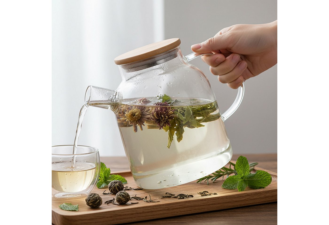 relaxdays Teekanne Glas mit Bambusdeckel, 1.8 l, (3-St), 1,8 Liter – Bild 3 von 5