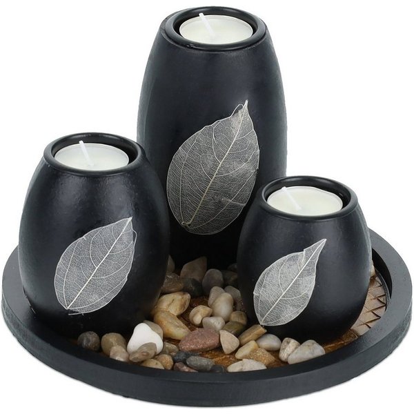 relaxdays Teelichthalter mit Tablett & Steinen (4 St)