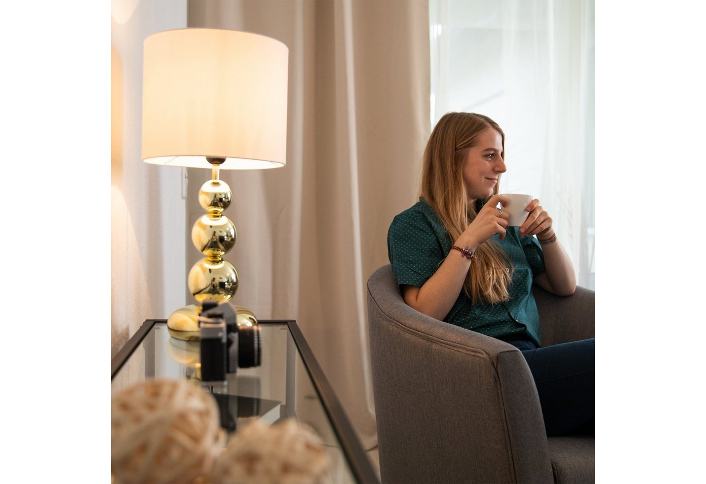 relaxdays Tischleuchte Tischlampe Gold, Indirekte Beleuchtung, E27-Fassung, Leuchtmittel nicht enthalten – Bild 5 von 5