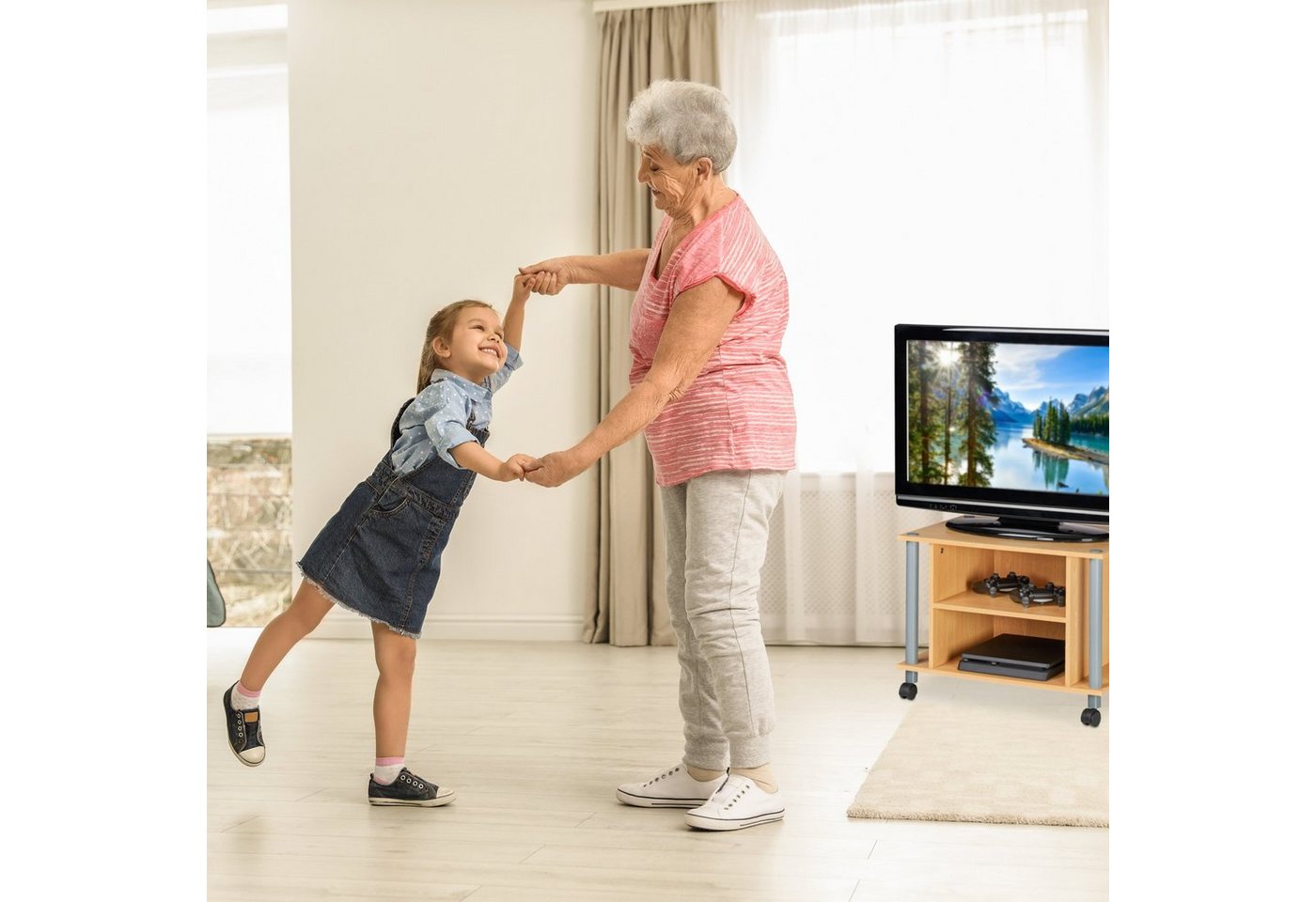 relaxdays TV-Regal TV Tisch mit Rollen und 2 Fächern, 1-tlg., Holzoptik – Bild 2 von 5