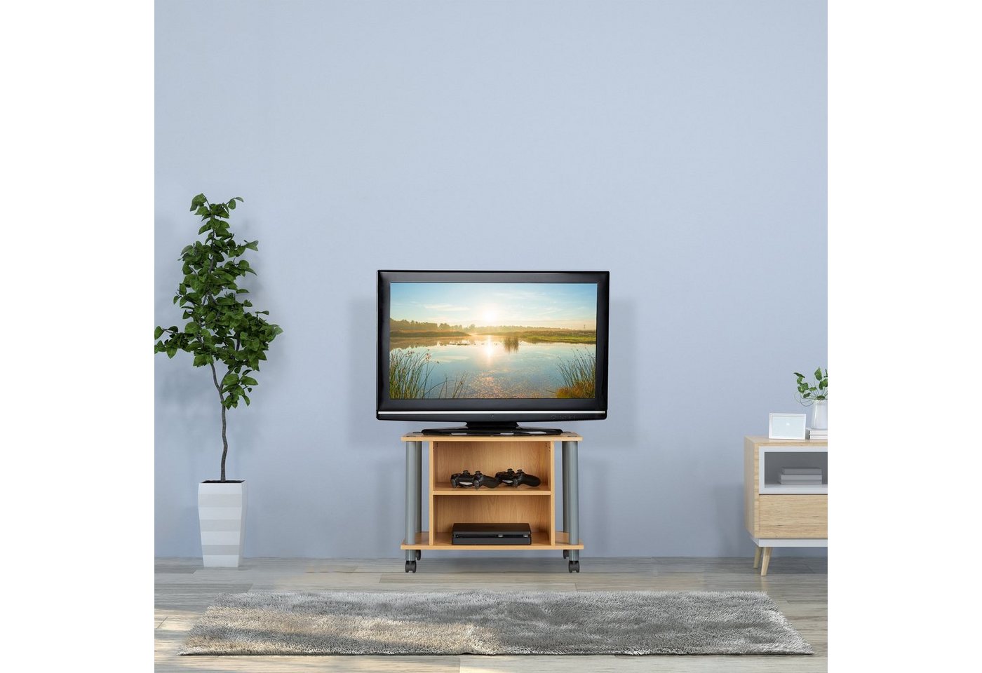 relaxdays TV-Regal TV Tisch mit Rollen und 2 Fächern, 1-tlg., Holzoptik – Bild 3 von 5