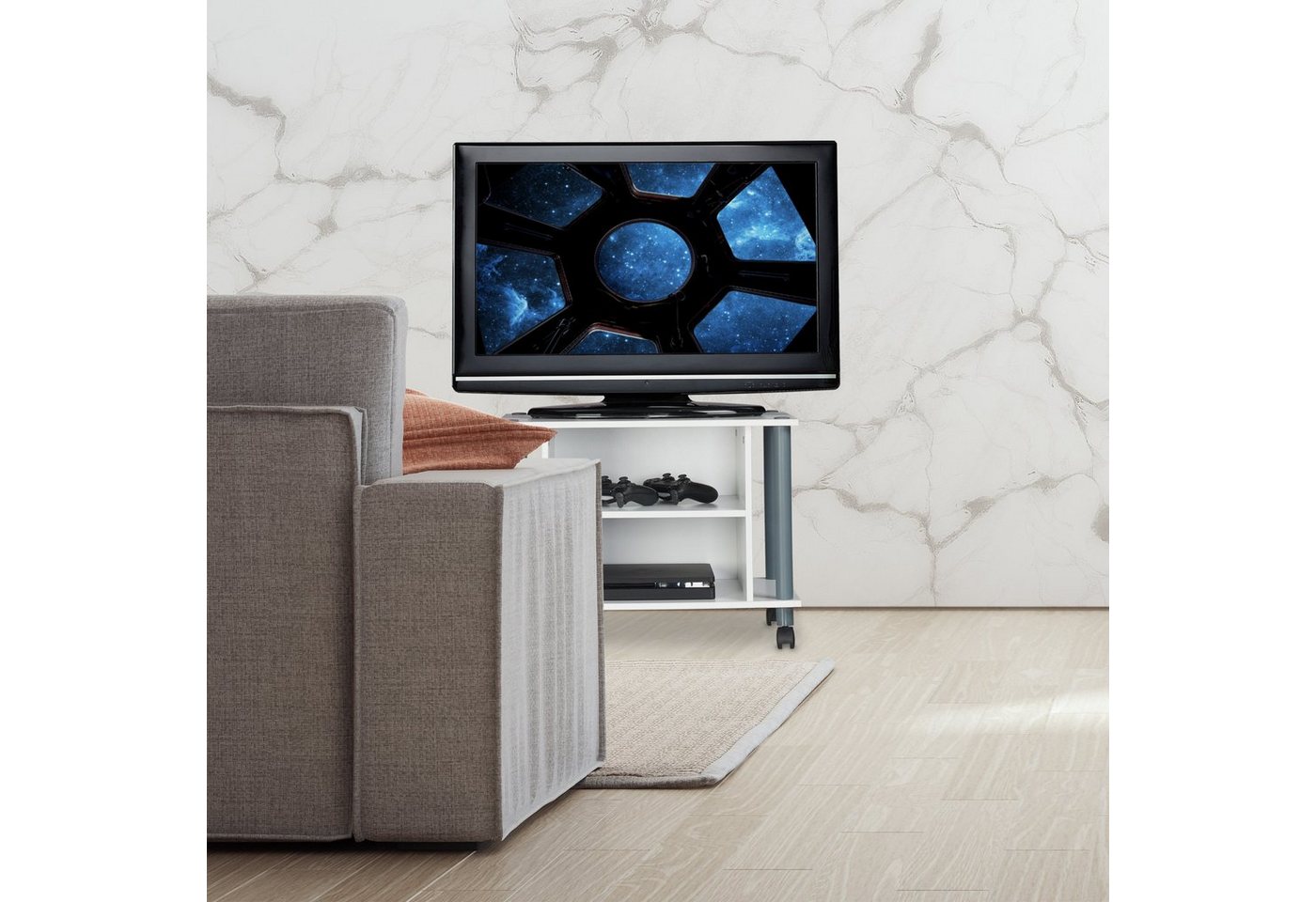 relaxdays TV-Regal TV Tisch mit Rollen und 2 Fächern, 1-tlg., Holzoptik – Bild 5 von 5