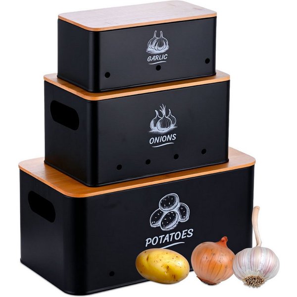 relaxdays Vorratsdose Aufbewahrungsbox 3er Set Bambusdeckel, Stahl, (3-tlg), schwarz