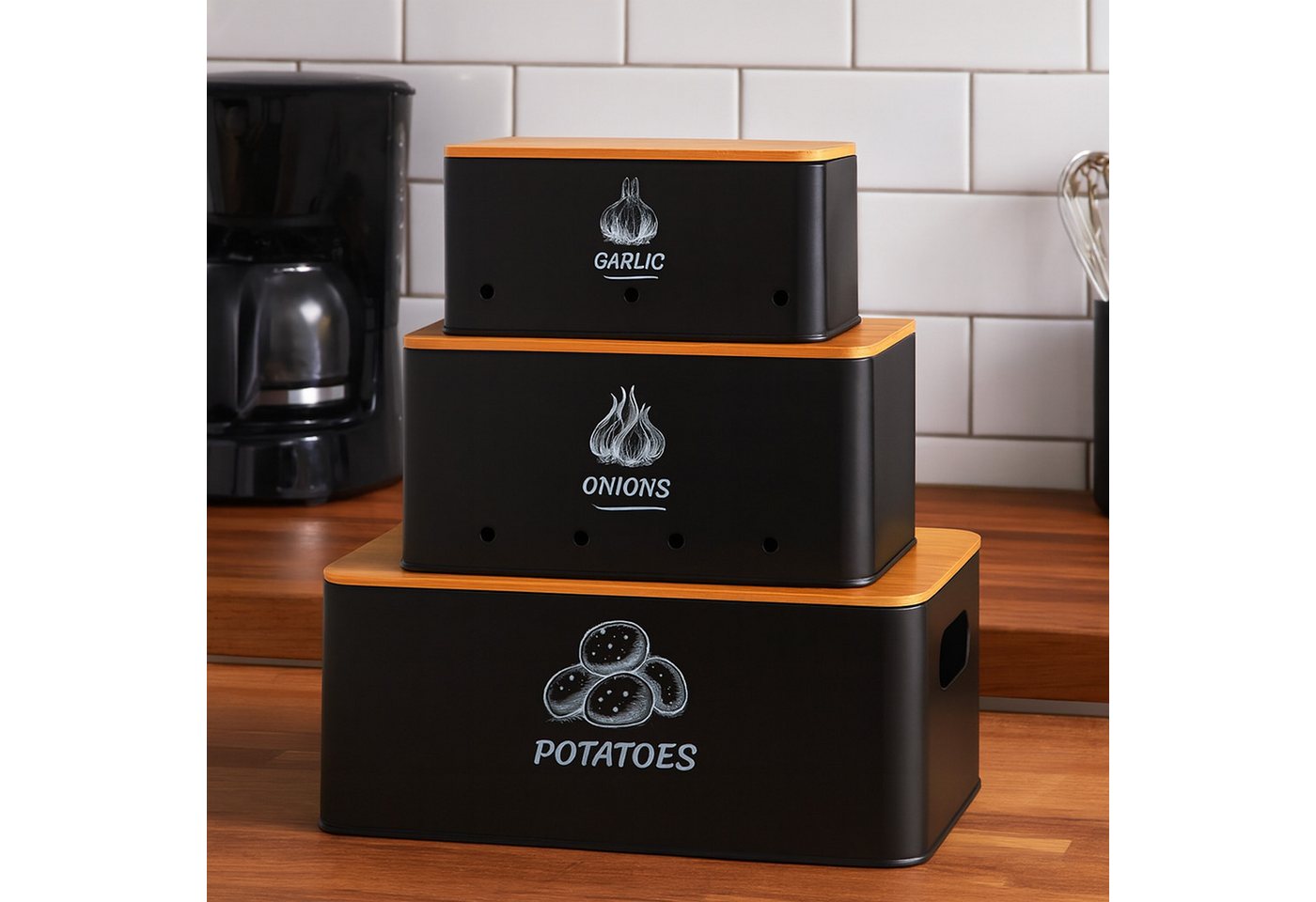 relaxdays Vorratsdose Aufbewahrungsbox 3er Set Bambusdeckel, Stahl, (3-tlg), schwarz – Bild 2 von 5