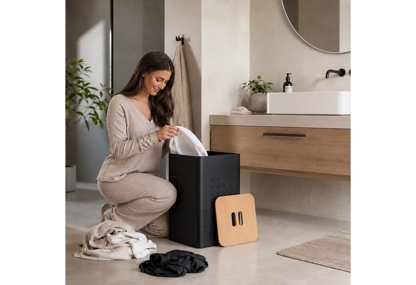 relaxdays Wäschebox Schwarzer Wäschekorb mit Deckel (1 St), 55 Liter – Bild 5 von 5