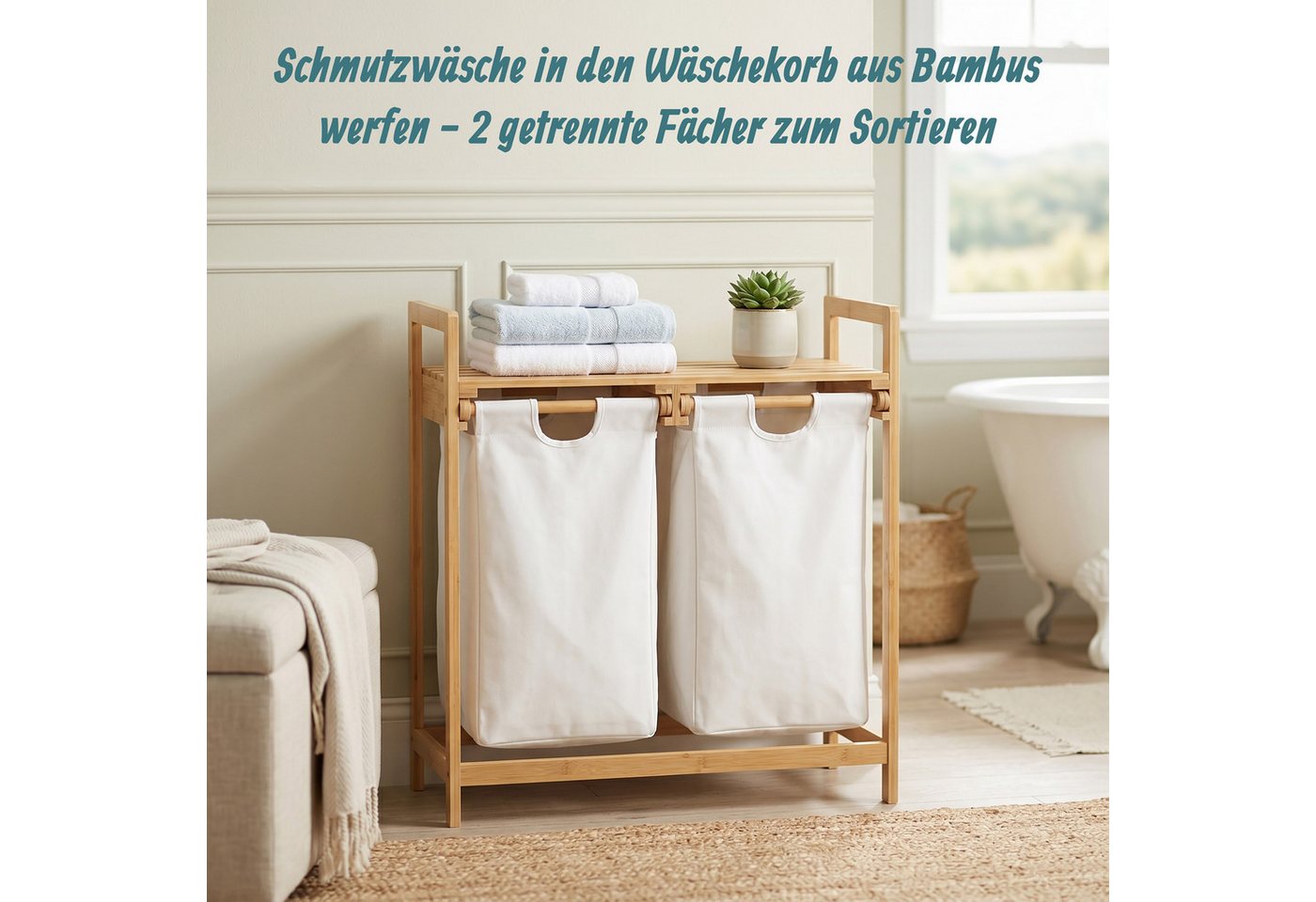 relaxdays Wäschekorb Bambus 2 Fächer (1 St) – Bild 2 von 5