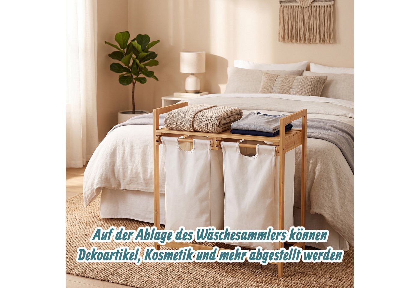 relaxdays Wäschekorb Bambus 2 Fächer (1 St) – Bild 3 von 5