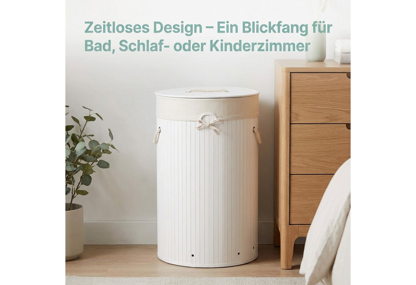 relaxdays Wäschekorb Bambus rund (1 St), weiß – Bild 2 von 5