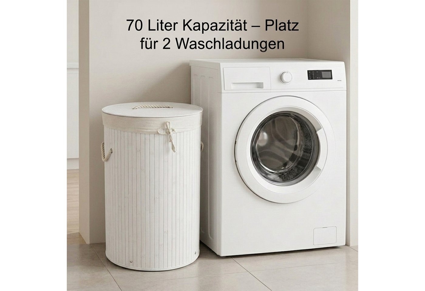 relaxdays Wäschekorb Bambus rund (1 St), weiß – Bild 3 von 5