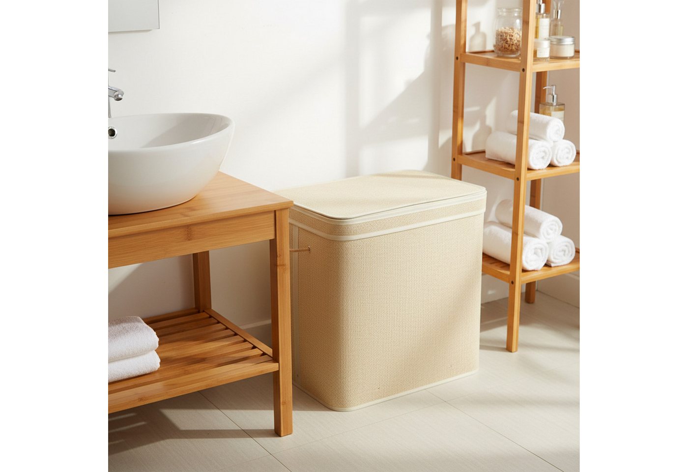 relaxdays Wäschekorb Bambus Wäschekorb mit Deckel (1 St), natur, 90 L – Bild 3 von 5