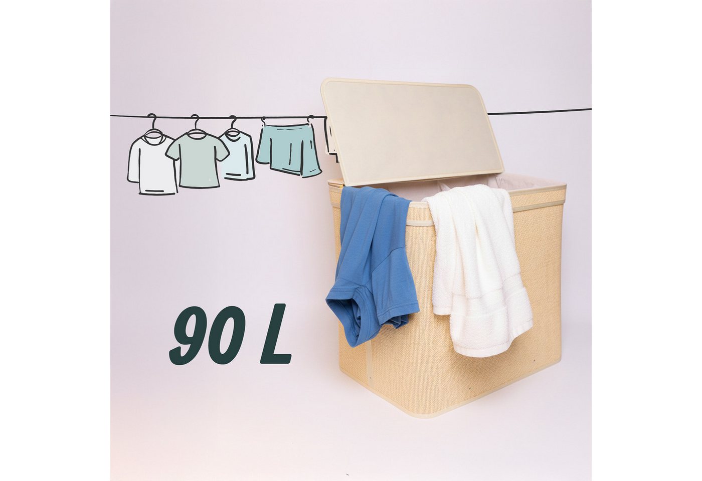 relaxdays Wäschekorb Bambus Wäschekorb mit Deckel (1 St), natur, 90 L – Bild 5 von 5