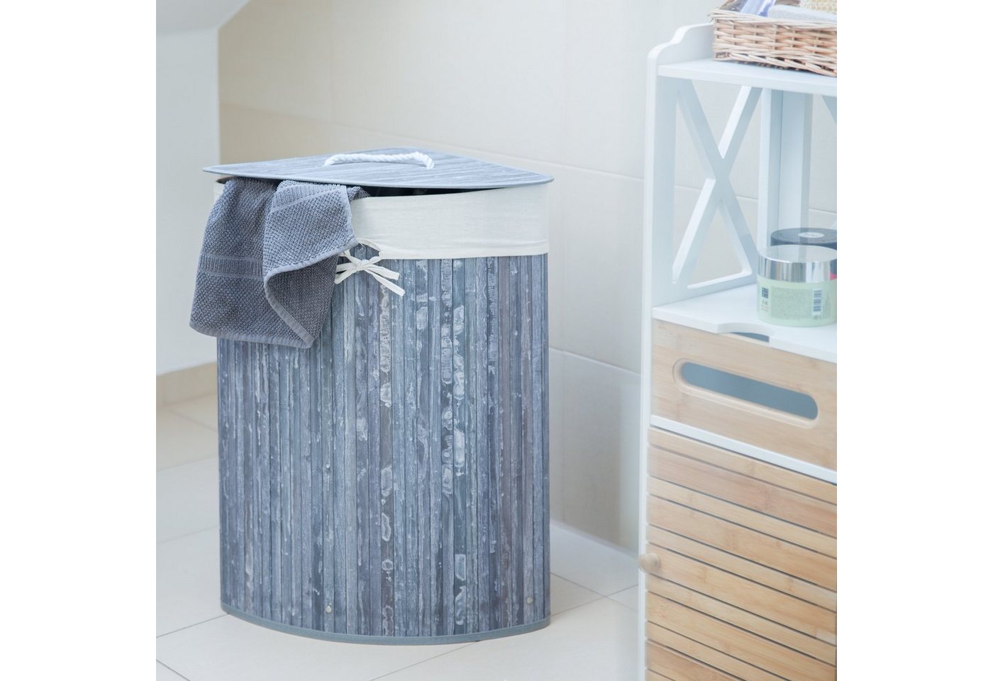 relaxdays Wäschekorb Eckwäschekorb Bambus (1 St), grau – Bild 2 von 5