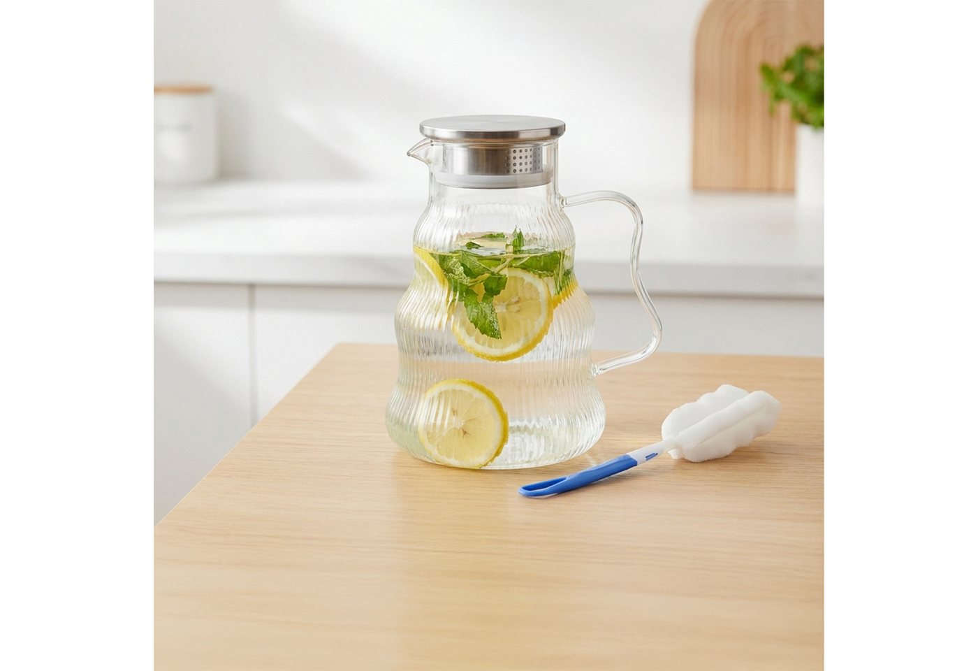 relaxdays Wasserkaraffe Glaskaraffe mit Deckel & Henkel, (3-tlg) – Bild 5 von 5