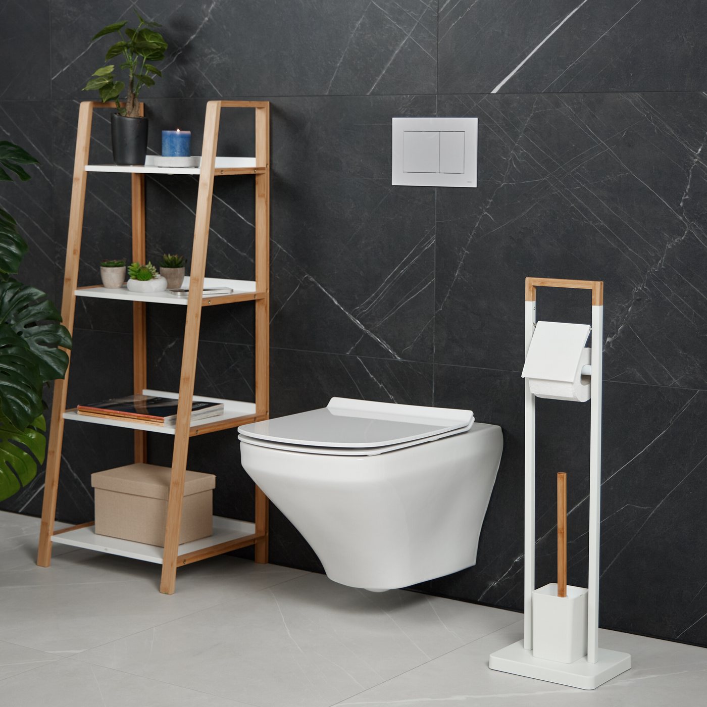 relaxdays WC-Garnitur Bambus & Edelstahl, Toilettenpapierrollen mit Innenkerndurchmesser bis 96 mm, Badezimmer und Gäste-WC, Standard-Toilettenpapierrollen, Bod – Bild 3 von 5
