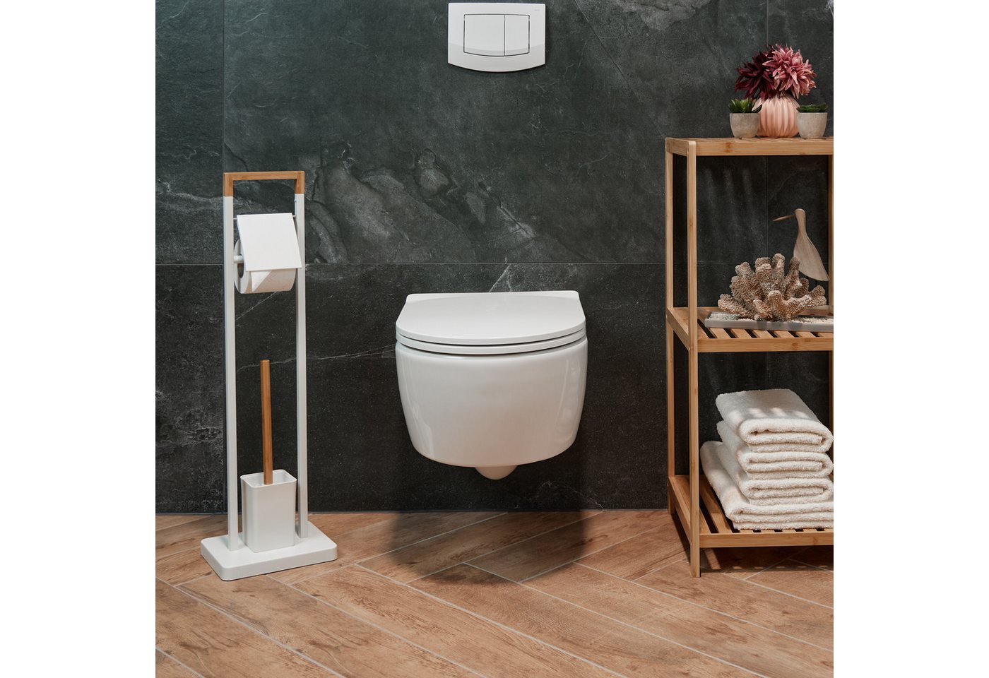 relaxdays WC-Garnitur Bambus & Edelstahl, Toilettenpapierrollen mit Innenkerndurchmesser bis 96 mm, Badezimmer und Gäste-WC, Standard-Toilettenpapierrollen, Bod – Bild 5 von 5