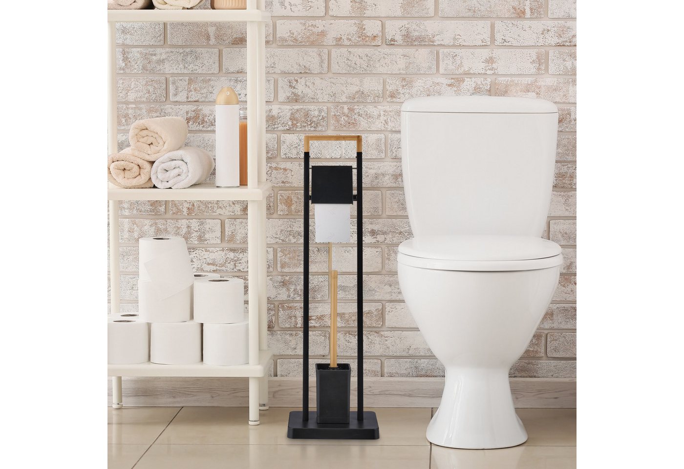relaxdays WC-Garnitur Bambus & Edelstahl, Gäste-WC, Badezimmer, (2-tlg), schwarz – Bild 2 von 5