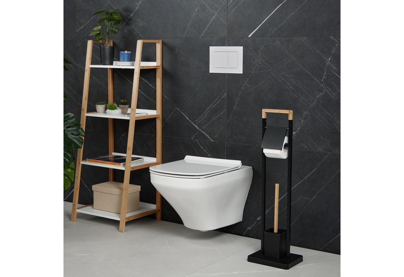 relaxdays WC-Garnitur Bambus & Edelstahl, Gäste-WC, Badezimmer, (2-tlg), schwarz – Bild 3 von 5