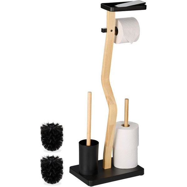 relaxdays WC-Garnitur Bambus & Eisen mit Ablage, Gäste-WC, handelsübliche Toilettenpapierrollen bis 13,5 cm Breite, Badezimmer, (3-tlg), schwarz