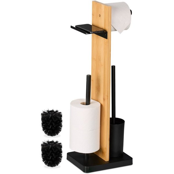 relaxdays WC-Garnitur Bambus & Eisen mit Ablage, Smartphones bis 10 x 13 cm auf der Ablage, Alle handelsüblichen Toilettenpapierrollen, Ersatzbürstenköpfe, (3-t