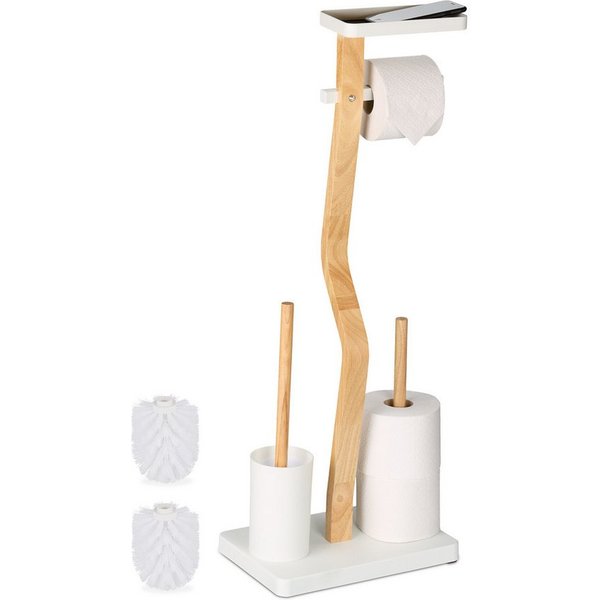 relaxdays WC-Garnitur Bambus & Eisen mit Ablage, Smartphones, Standard-Toilettenpapierrollen (Breite bis 13,5 cm), Feuchttücher, Klobürstenköpfe mit 12 mm Innen
