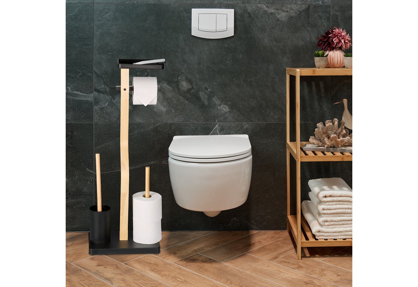 relaxdays WC-Garnitur Bambus & Eisen mit Ablage, Smartphones, Standard-Toilettenpapierrollen (Breite bis 13,5 cm), Feuchttücher, Klobürstenköpfe mit 12 mm Innen – Bild 2 von 5
