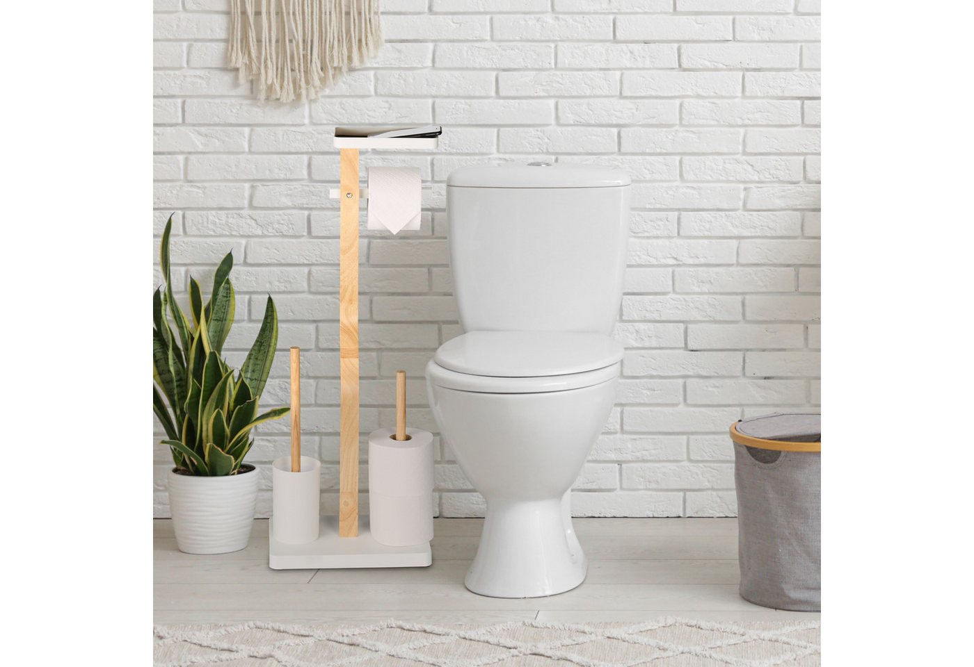 relaxdays WC-Garnitur Bambus & Eisen mit Ablage, Smartphones, Standard-Toilettenpapierrollen (Breite bis 13,5 cm), Feuchttücher, Klobürstenköpfe mit 12 mm Innen – Bild 3 von 5