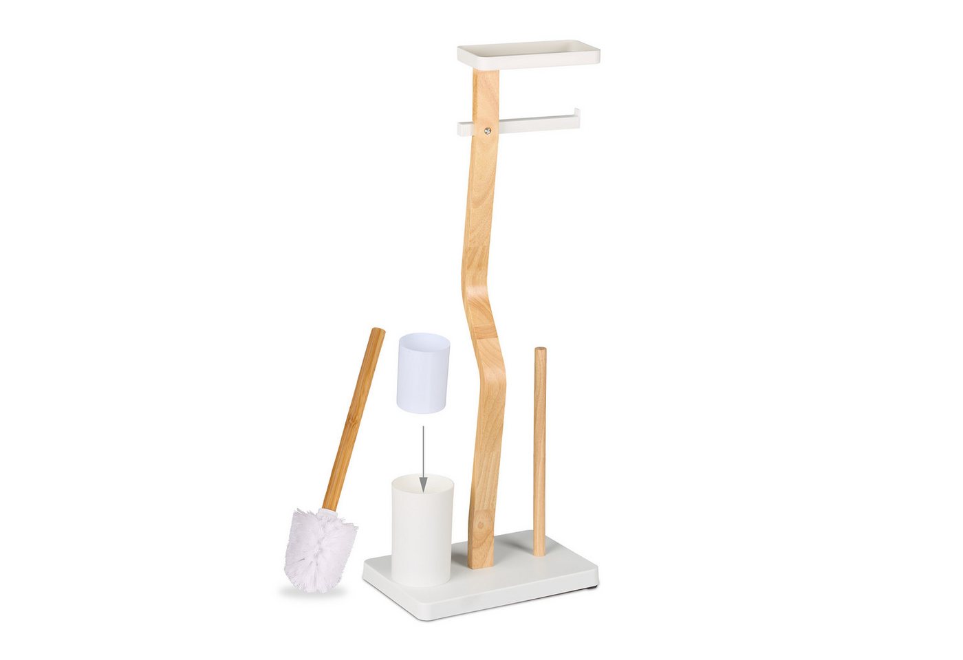 relaxdays WC-Garnitur Bambus & Eisen mit Ablage, Smartphones, Standard-Toilettenpapierrollen (Breite bis 13,5 cm), Feuchttücher, Klobürstenköpfe mit 12 mm Innen – Bild 5 von 5