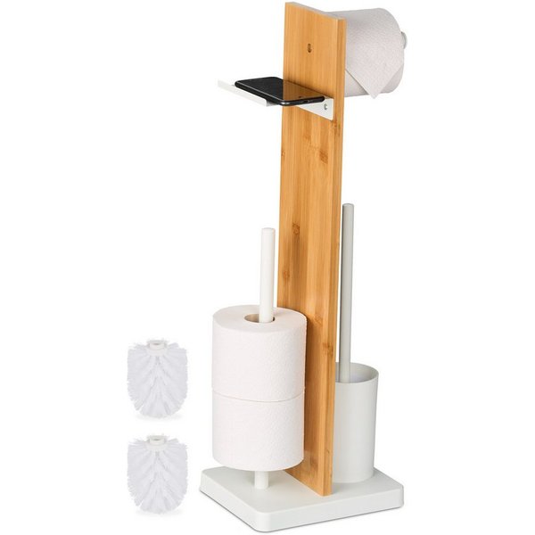 relaxdays WC-Garnitur Bambus & Eisen mit Ablage, WC-Bürstenköpfe mit ca. 12 mm Innengewinde, Alle gängigen Toilettenpapierrollen, weiß