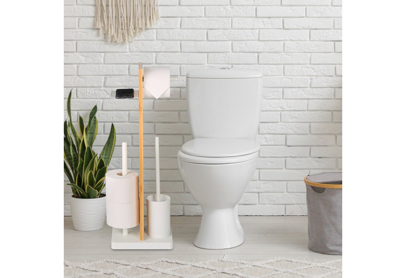 relaxdays WC-Garnitur Bambus & Eisen mit Ablage, WC-Bürstenköpfe mit ca. 12 mm Innengewinde, Alle gängigen Toilettenpapierrollen, weiß – Bild 2 von 5
