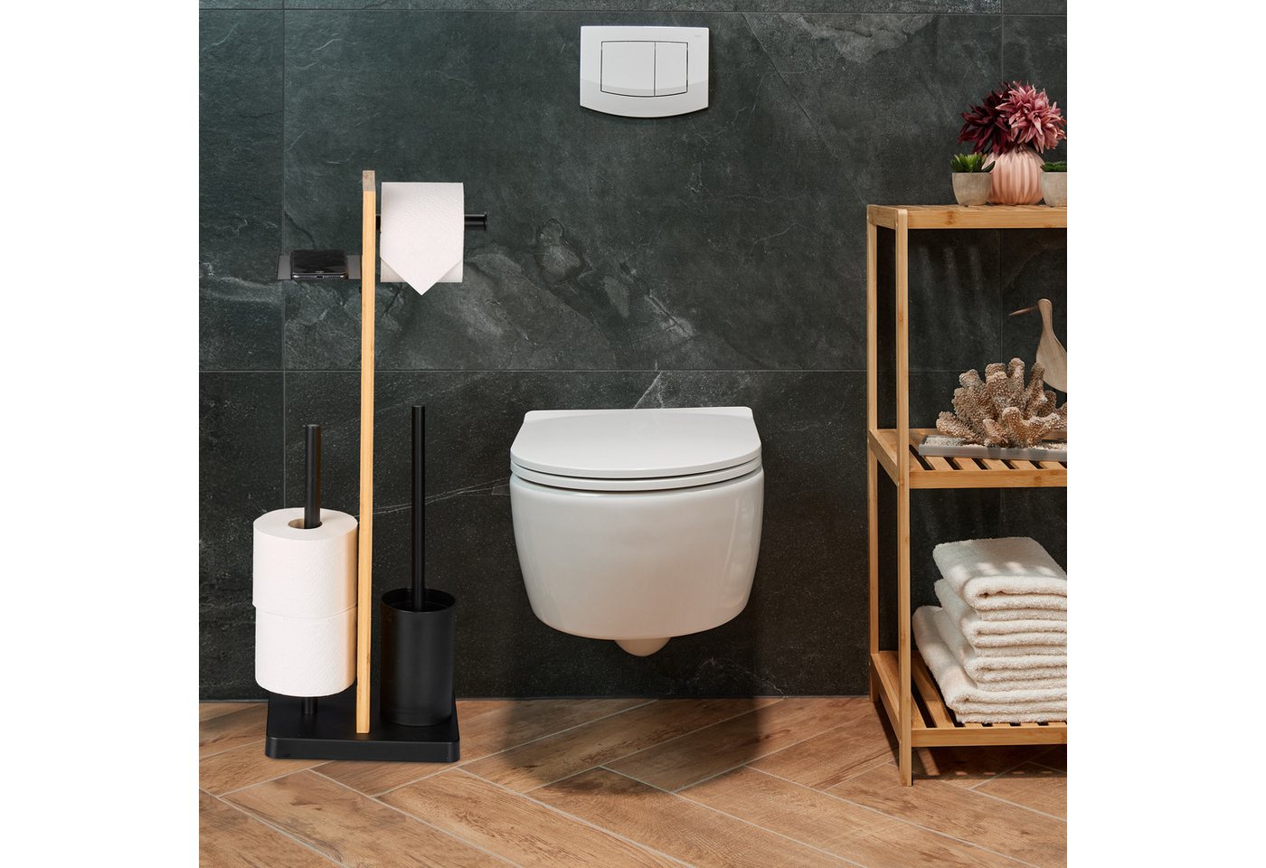 relaxdays WC-Garnitur Bambus & Eisen mit Ablage, WC-Bürstenköpfe mit ca. 12 mm Innengewinde, Alle gängigen Toilettenpapierrollen, weiß – Bild 3 von 5