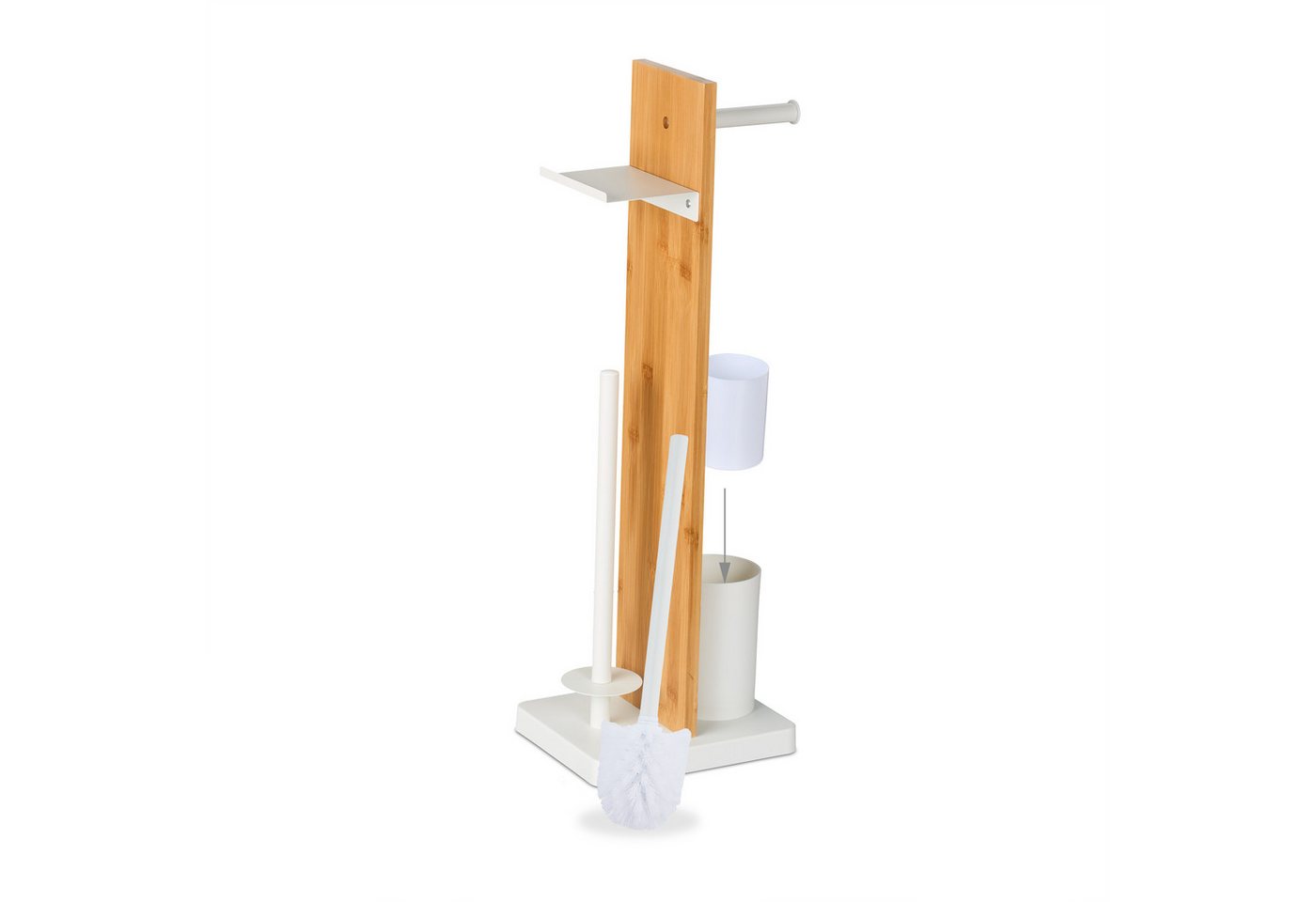 relaxdays WC-Garnitur Bambus & Eisen mit Ablage, WC-Bürstenköpfe mit ca. 12 mm Innengewinde, Alle gängigen Toilettenpapierrollen, weiß – Bild 5 von 5