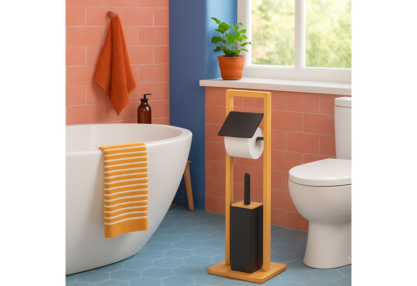 relaxdays WC-Garnitur Edelstahl & Bambus, Badezimmer und Gäste-WC, Alle handelsüblichen Toilettenpapierrollen, (1-tlg), schwarz – Bild 3 von 5