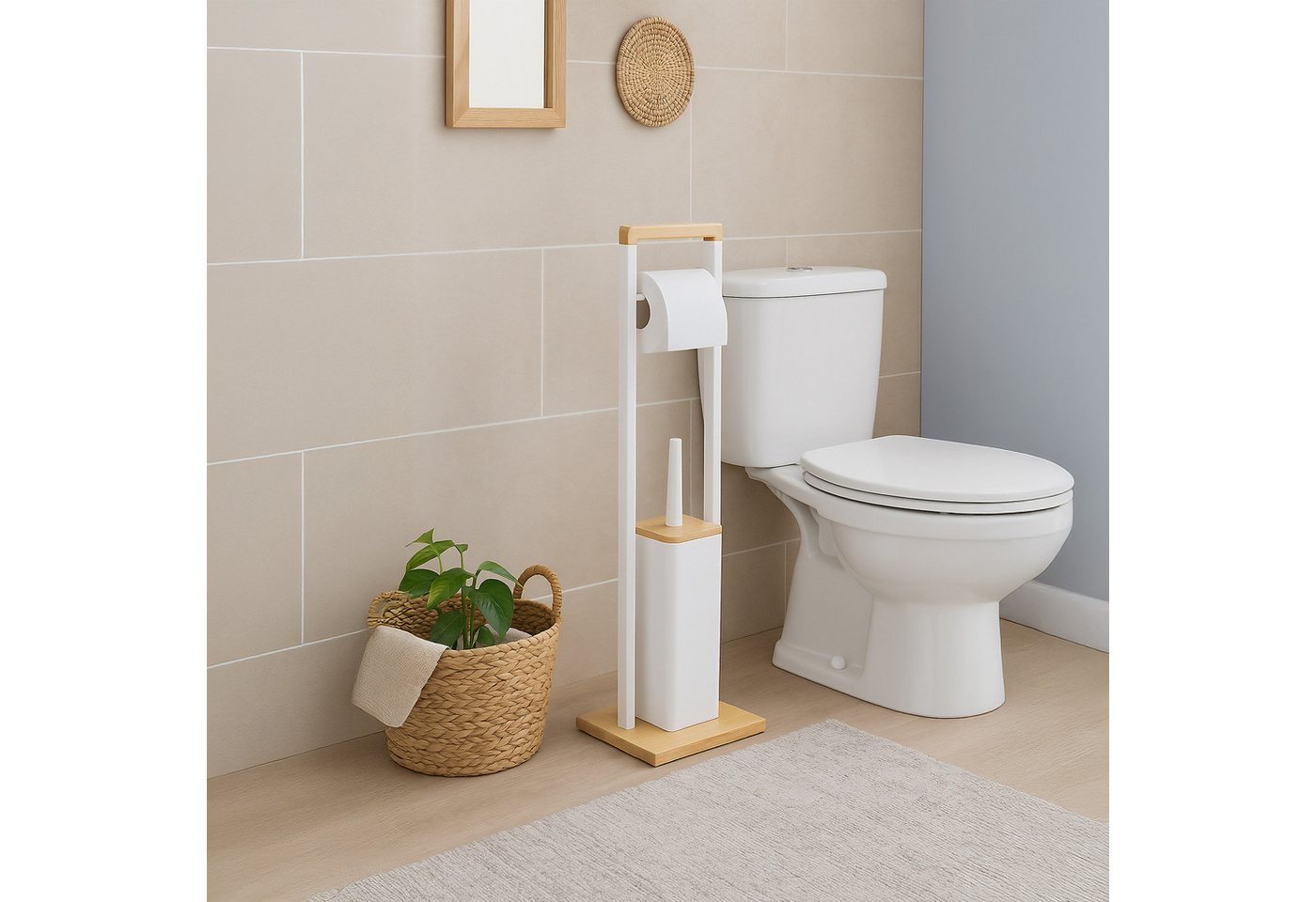 relaxdays WC-Garnitur Edelstahl & Bambus, Toilettenbürstenköpfe mit max. Ø 7,5 cm, Für Badezimmer und Gäste-WC, Alle handelsüblichen Klopapierrollen, (1-tlg), w – Bild 2 von 5