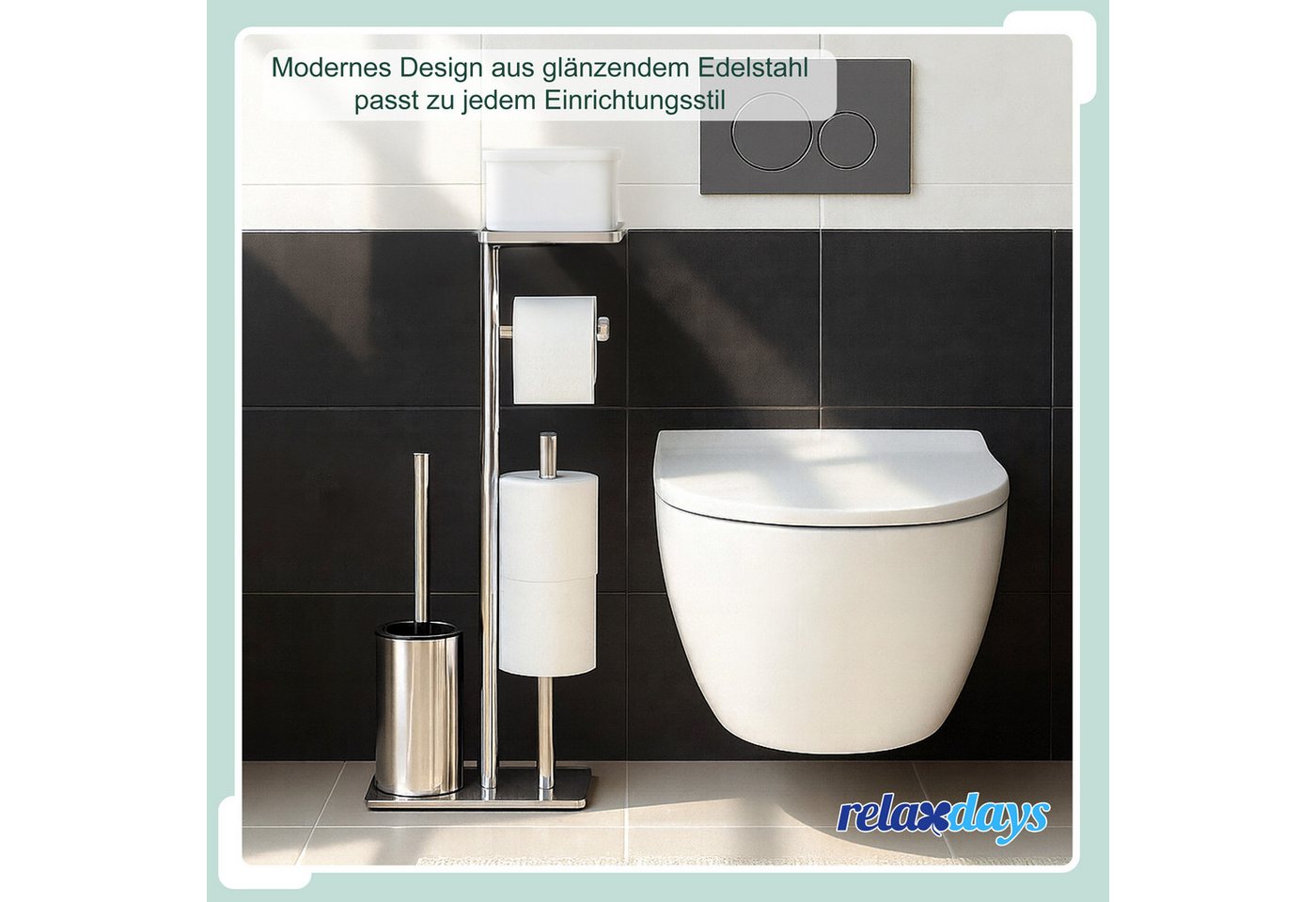 relaxdays WC-Garnitur Edelstahl mit Ablage, Smartphones, Feuchttücher, Standard-Toilettenpapierrollen, (3-tlg), silber – Bild 3 von 5