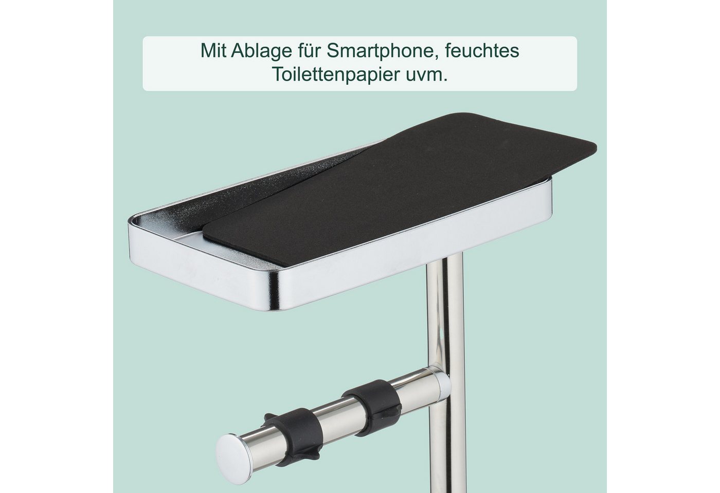 relaxdays WC-Garnitur Edelstahl mit Ablage, Smartphones, Feuchttücher, Standard-Toilettenpapierrollen, (3-tlg), silber – Bild 5 von 5
