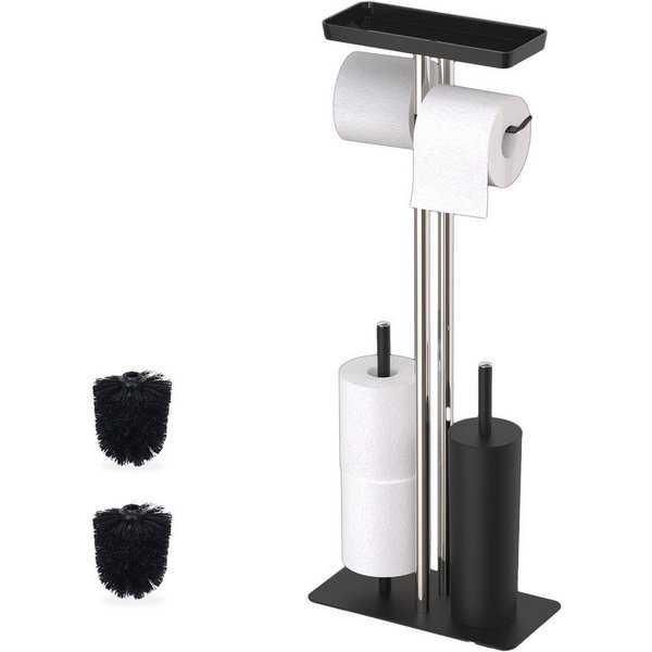 relaxdays WC-Garnitur Edelstahl mit Ablage, 2 Standard-Toilettenpapierrollen, Feuchttücher, Bad, Gäste-WC, Smartphone, (3-tlg), schwarz