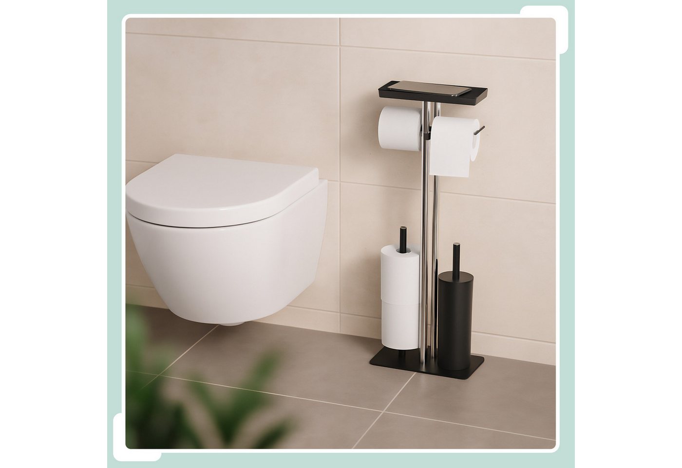relaxdays WC-Garnitur Edelstahl mit Ablage, 2 Standard-Toilettenpapierrollen, Feuchttücher, Bad, Gäste-WC, Smartphone, (3-tlg), schwarz – Bild 2 von 5