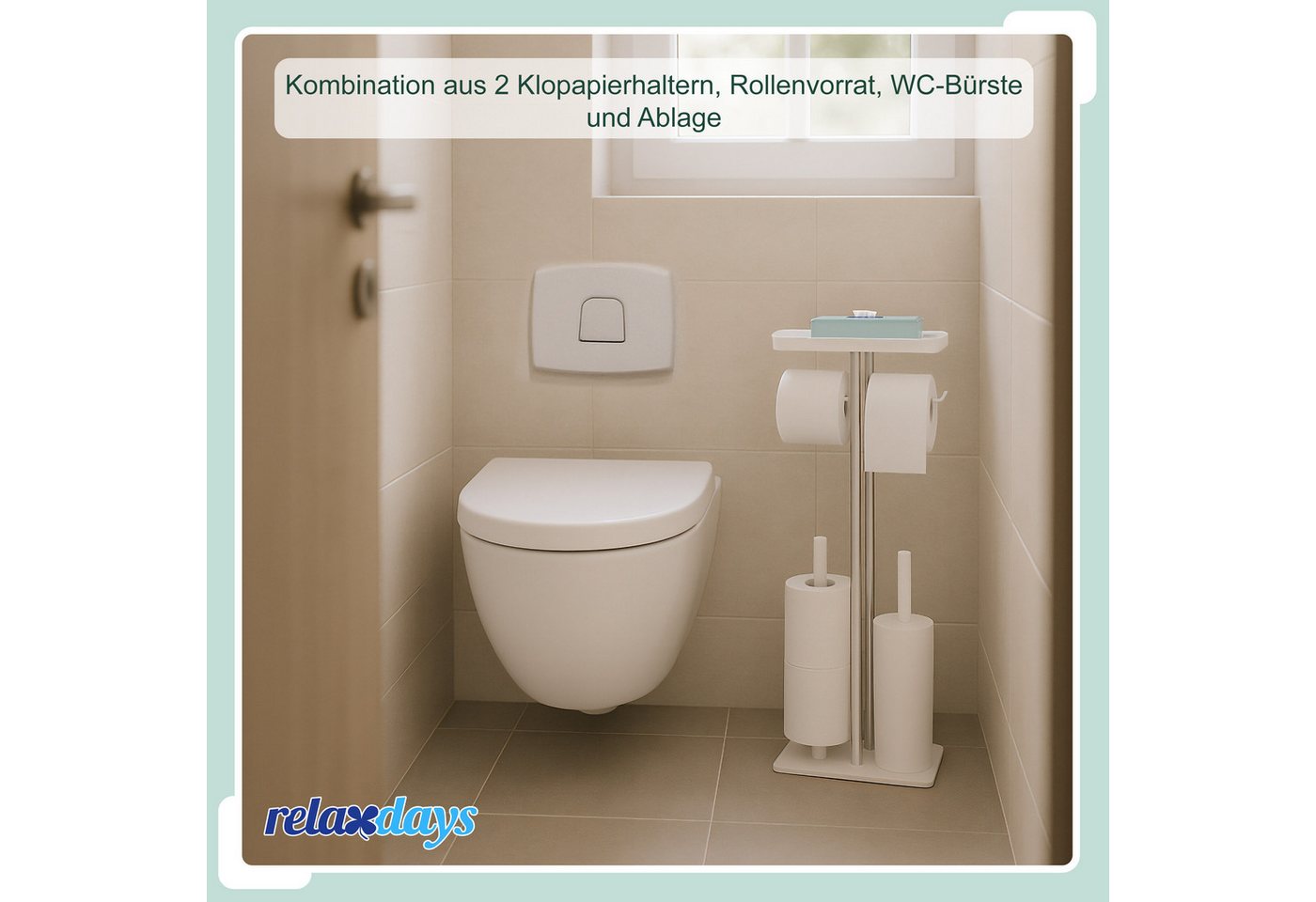 relaxdays WC-Garnitur Edelstahl mit Ablage, 2 Standard-Toilettenpapierrollen, Feuchttücher, Bad, Gäste-WC, Smartphone, (3-tlg), schwarz – Bild 3 von 5