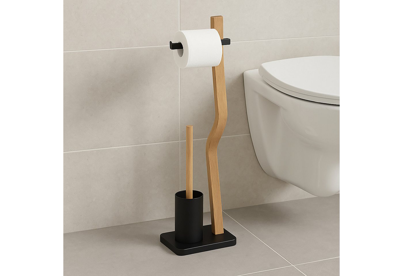 relaxdays WC-Garnitur Holz & Metall, Standard-Toilettenpapierrollen bis 13 cm Breite, (3-tlg), schwarz – Bild 2 von 5