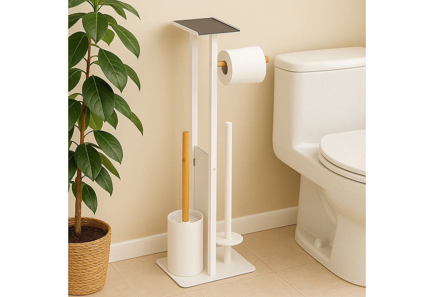relaxdays WC-Garnitur Metall & Bambus, Smartphones, Feuchttücher, Standard-Toilettenpapierrollen, Gäste-WC, Badezimmer, (3-tlg), weiß – Bild 2 von 5