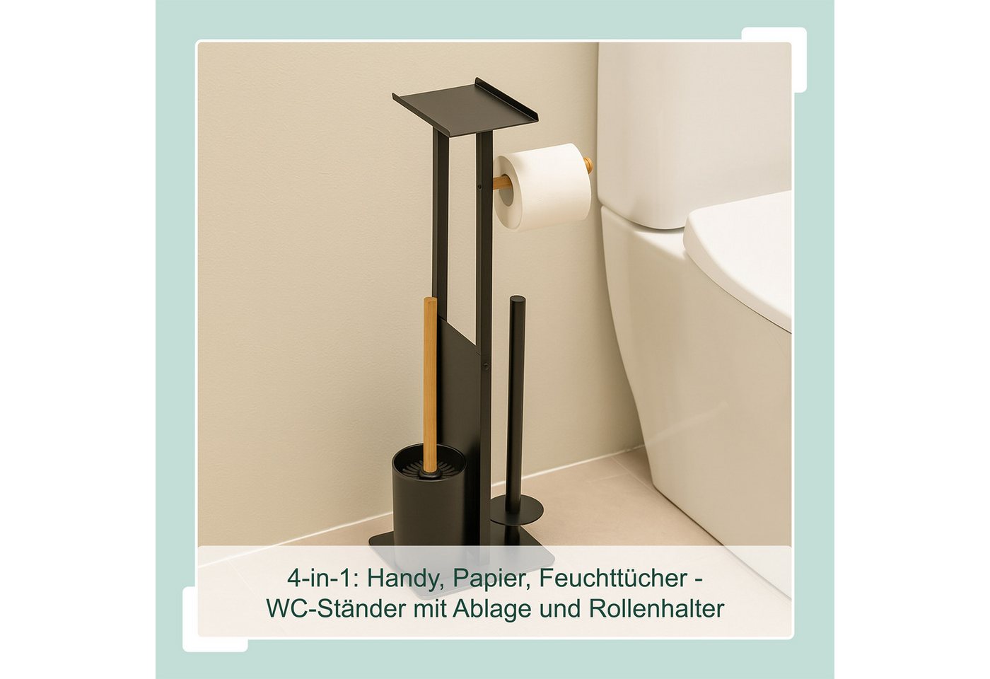 relaxdays WC-Garnitur Metall & Bambus, Smartphones, Feuchttücher, Standard-Toilettenpapierrollen, Gäste-WC, Badezimmer, (3-tlg), weiß – Bild 3 von 5
