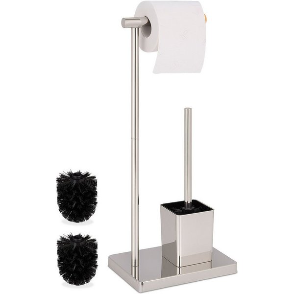 relaxdays WC-Garnitur mit 2 Ersatz-Bürstenköpfen, Bad und Gäste-WC, Standard-Toilettenpapierrollen bis 12,5 cm Breite, (3-tlg), silber