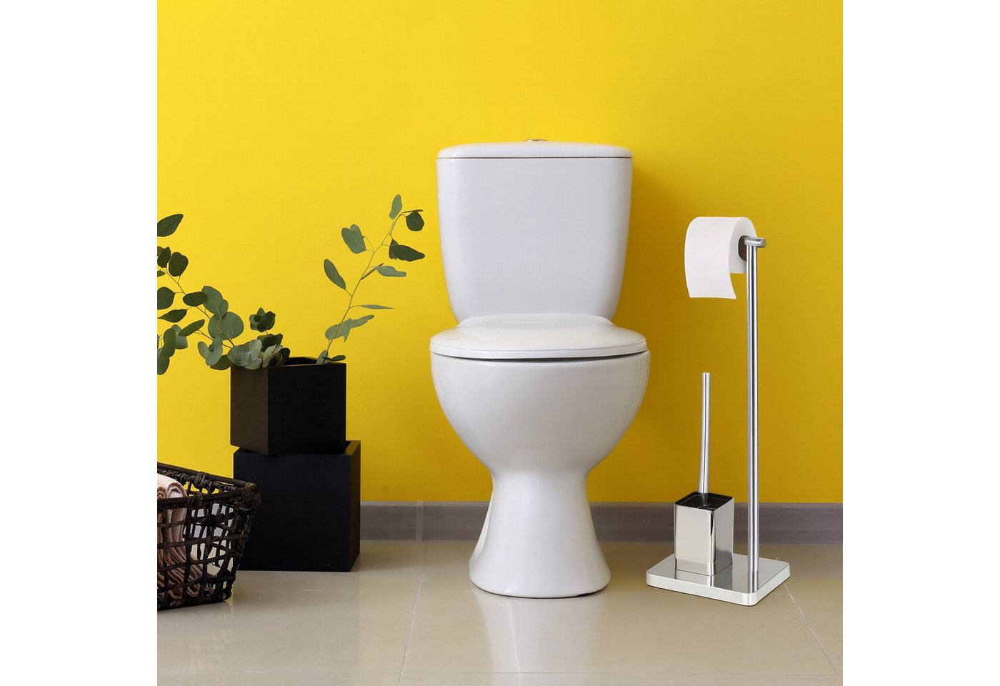 relaxdays WC-Garnitur mit 2 Ersatz-Bürstenköpfen, Bad und Gäste-WC, Standard-Toilettenpapierrollen bis 12,5 cm Breite, (3-tlg), silber – Bild 2 von 5