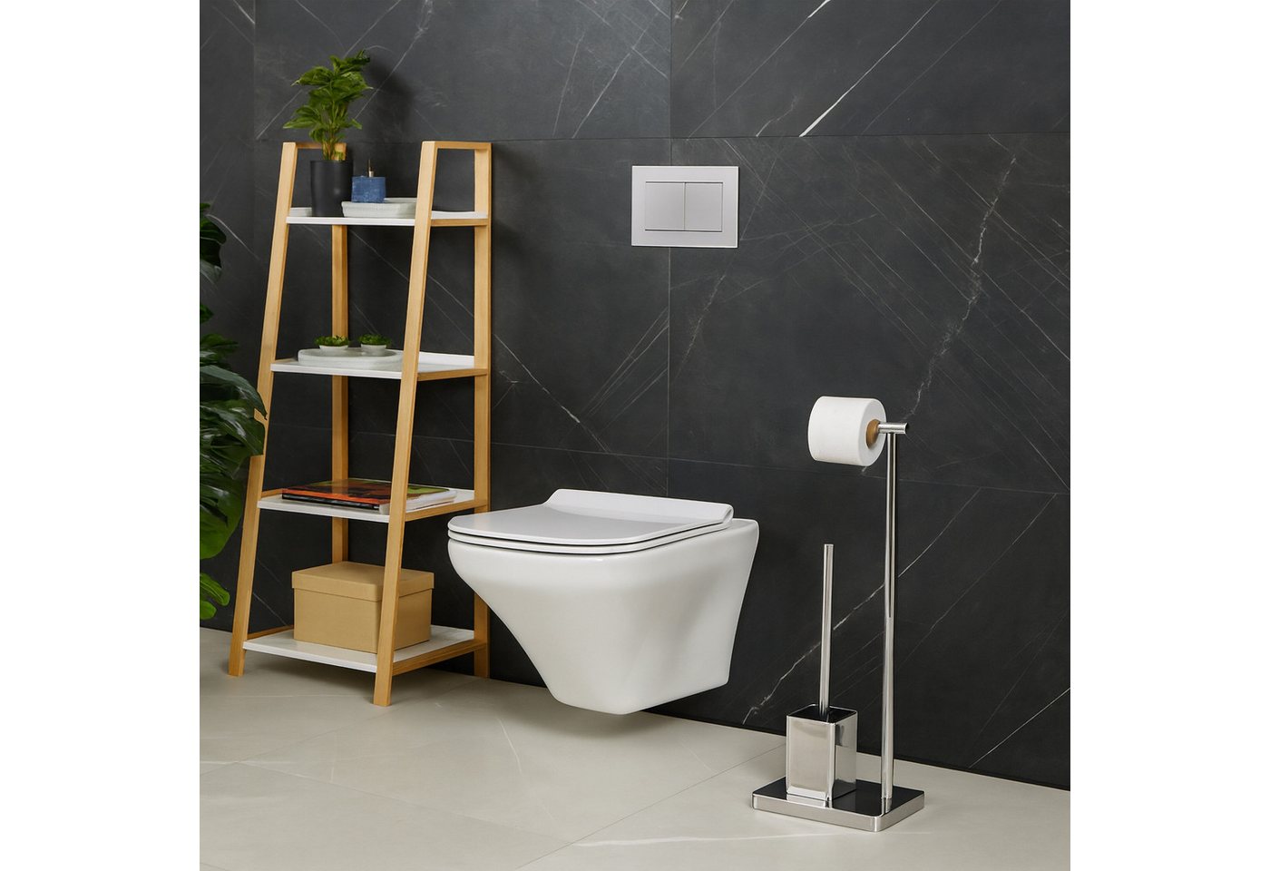 relaxdays WC-Garnitur mit 2 Ersatz-Bürstenköpfen, Bad und Gäste-WC, Standard-Toilettenpapierrollen bis 12,5 cm Breite, (3-tlg), silber – Bild 3 von 5