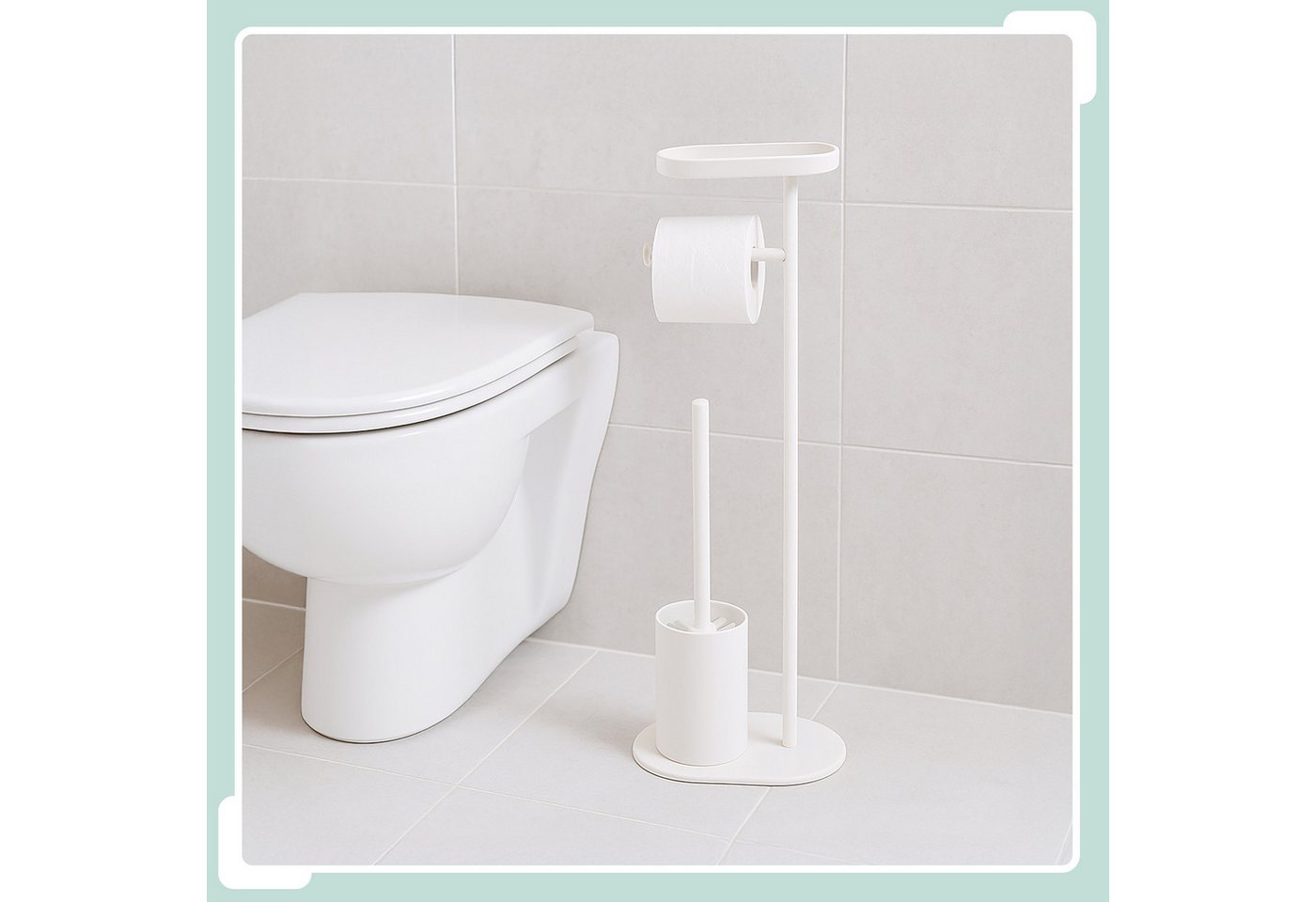 relaxdays WC-Garnitur mit Ablage, Feuchtes Toilettenpapier, WC-Bürstenköpfe mit 1,1 cm Innengewinde, Smartphones bis 21 × 11 cm, Standard-Toilettenpapierrollen  – Bild 2 von 5