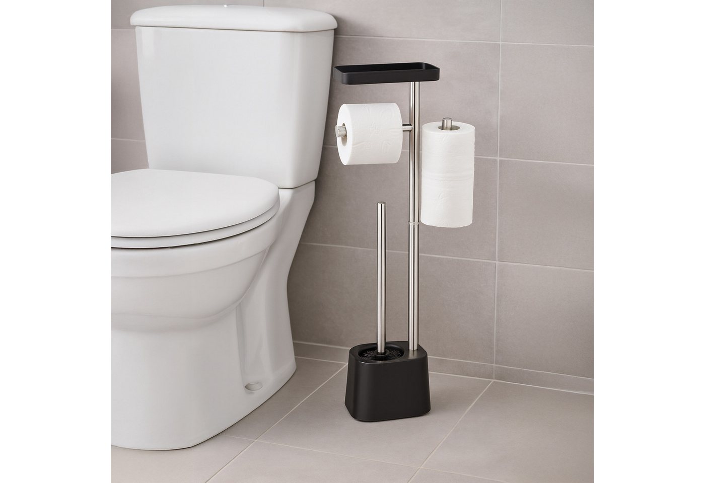 relaxdays WC-Garnitur mit Ablage, moderne Badeinrichtungen, alle handelsüblichen Toilettenpapierrollen, Gäste-WC, Badezimmer, (3-tlg), schwarz – Bild 2 von 5